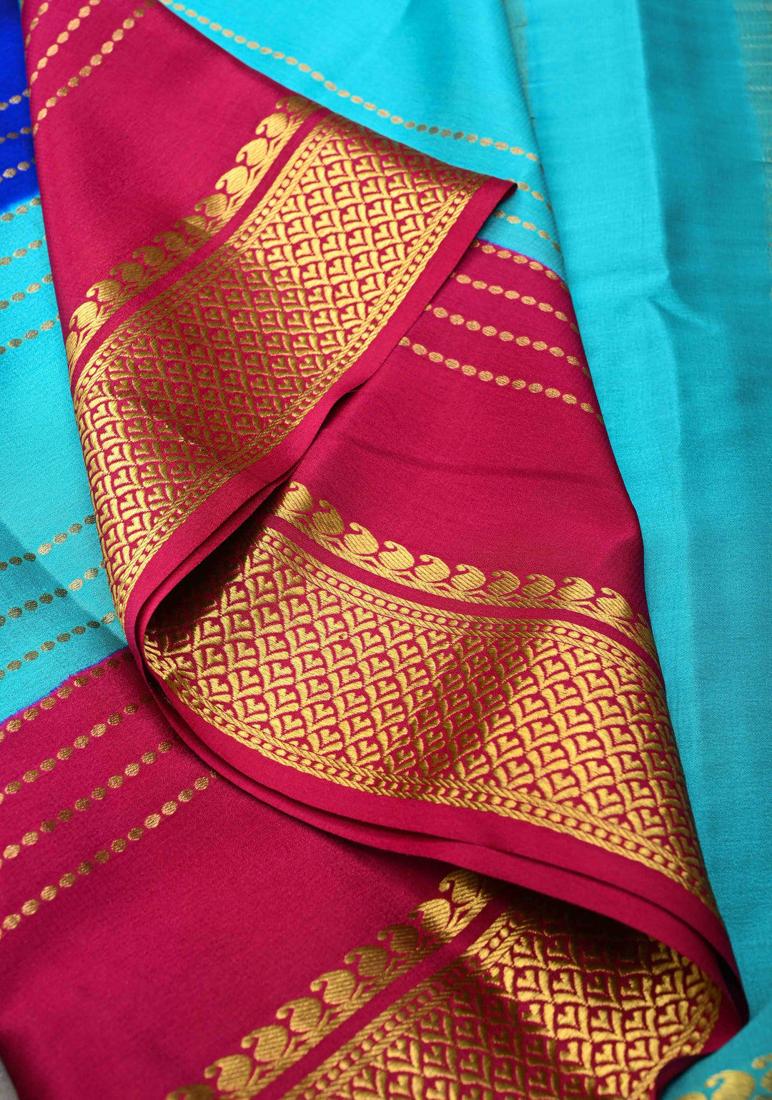 Mysore Silk Saree in Blue with Horizontal stripes and Panel Border in KSIC Grade Thickness | SILK MARK CERTIFIED