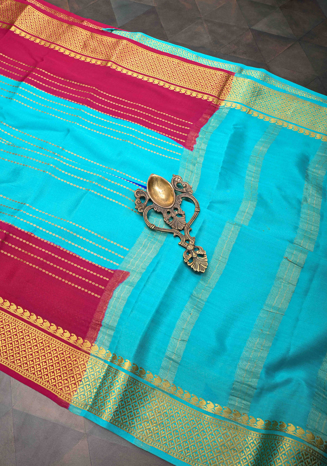 Mysore Silk Saree in Blue with Horizontal stripes and Panel Border in KSIC Grade Thickness | SILK MARK CERTIFIED
