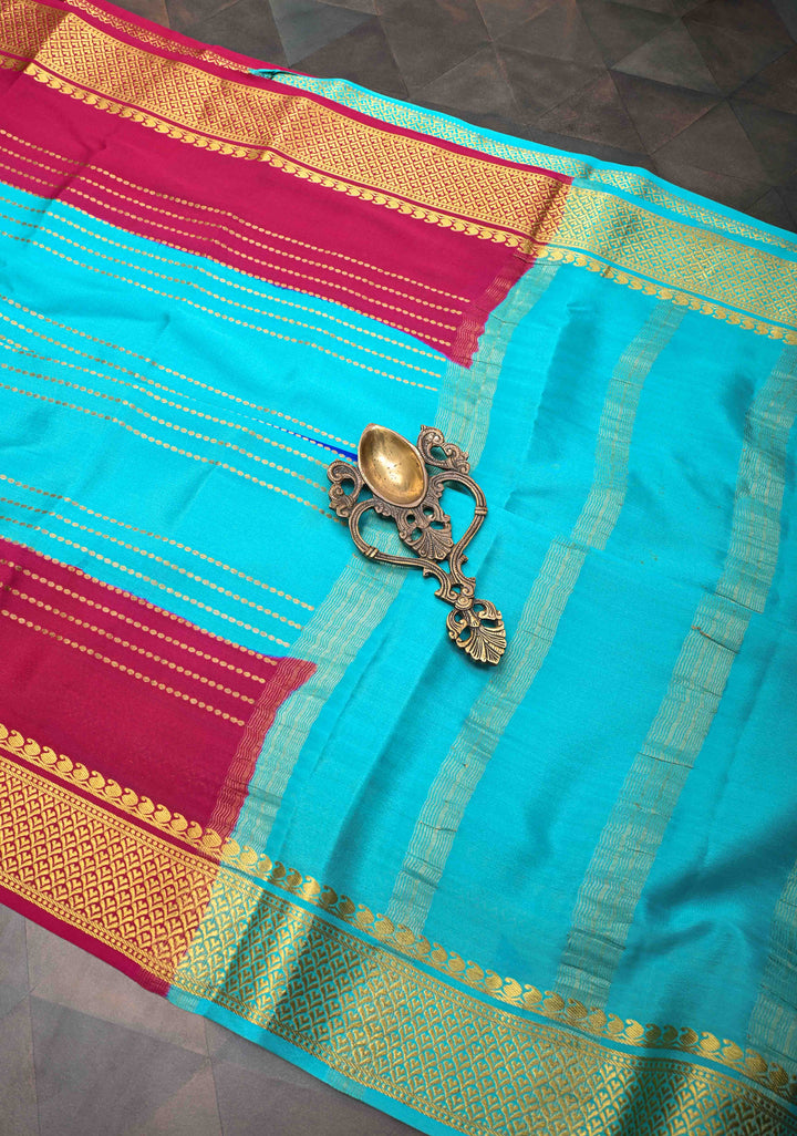 Mysore Silk Saree in Blue with Horizontal stripes and Panel Border in KSIC Grade Thickness | SILK MARK CERTIFIED