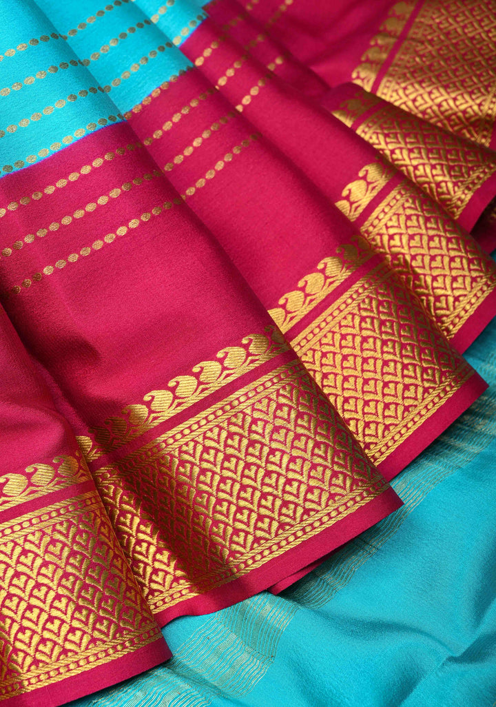 Mysore Silk Saree in Blue with Horizontal stripes and Panel Border in KSIC Grade Thickness | SILK MARK CERTIFIED