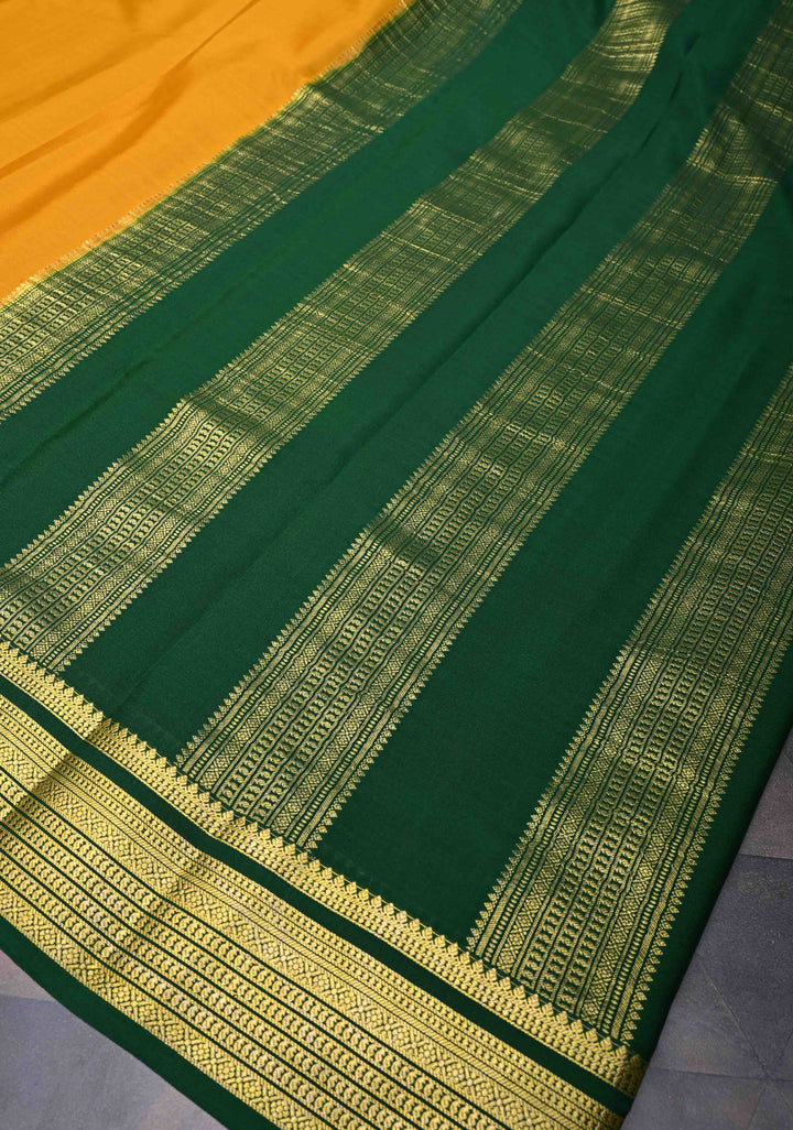 Mustard Yellow Pure Mysore Silk Saree with Contrast Zari borders in KSIC Grade thickness | SILK MARK CERTIFIED