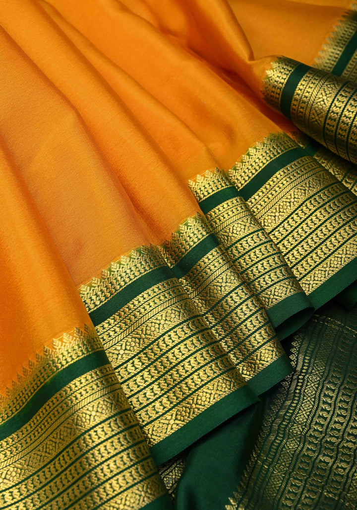 Mustard Yellow Pure Mysore Silk Saree with Contrast Zari borders in KSIC Grade thickness | SILK MARK CERTIFIED