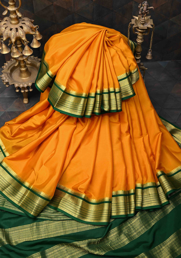 Mustard Yellow Pure Mysore Silk Saree with Contrast Zari borders in KSIC Grade thickness | SILK MARK CERTIFIED