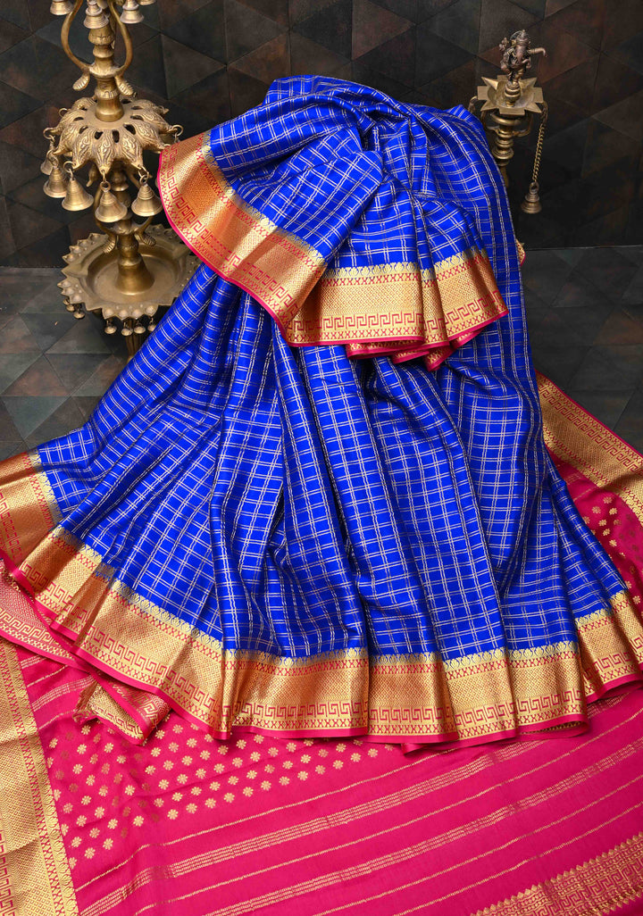 Blue Zari Checks Mysore silk Saree With Zari Border in KSIC Grade Thickness  | SILK MARK CERTIFIED
