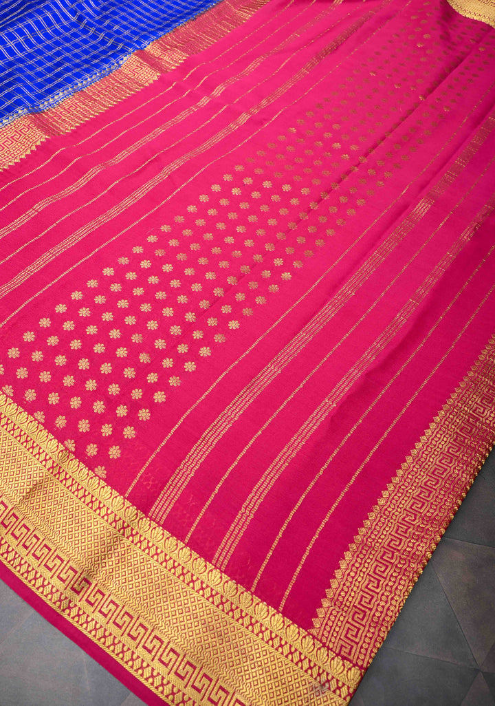 Blue Zari Checks Mysore silk Saree With Zari Border in KSIC Grade Thickness  | SILK MARK CERTIFIED