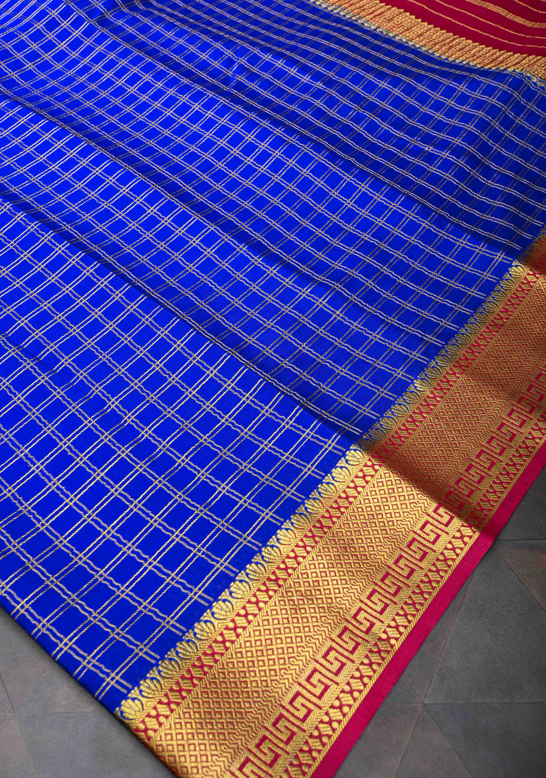 Blue Zari Checks Mysore silk Saree With Zari Border in KSIC Grade Thickness  | SILK MARK CERTIFIED
