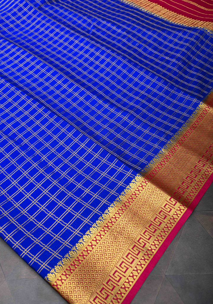 Blue Zari Checks Mysore silk Saree With Zari Border in KSIC Grade Thickness  | SILK MARK CERTIFIED