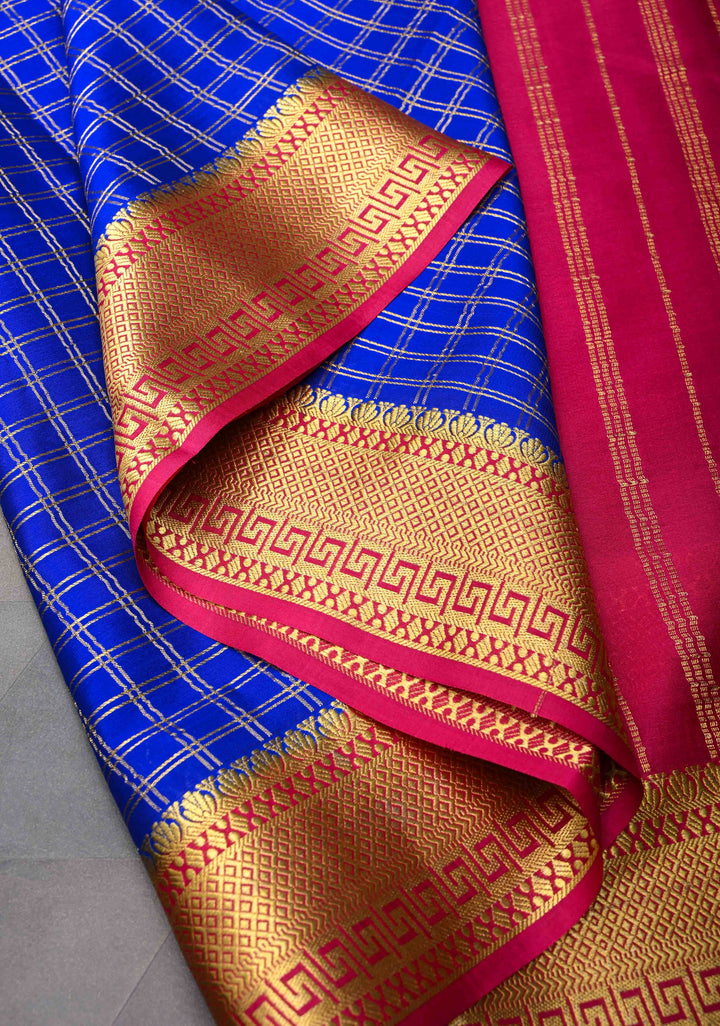 Blue Zari Checks Mysore silk Saree With Zari Border in KSIC Grade Thickness  | SILK MARK CERTIFIED