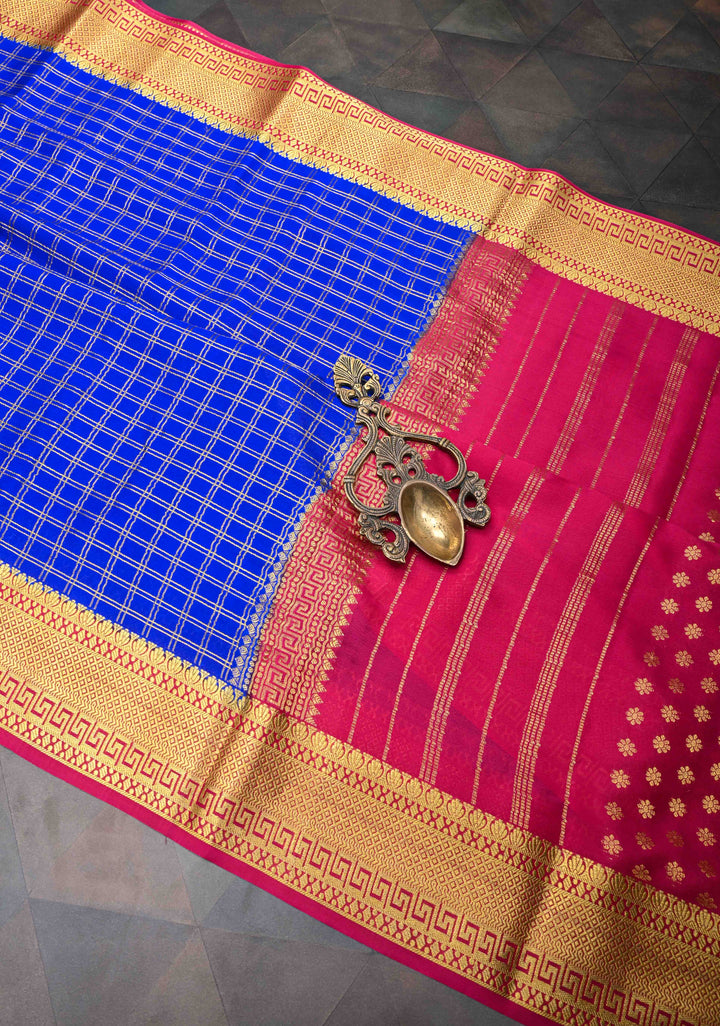 Blue Zari Checks Mysore silk Saree With Zari Border in KSIC Grade Thickness  | SILK MARK CERTIFIED