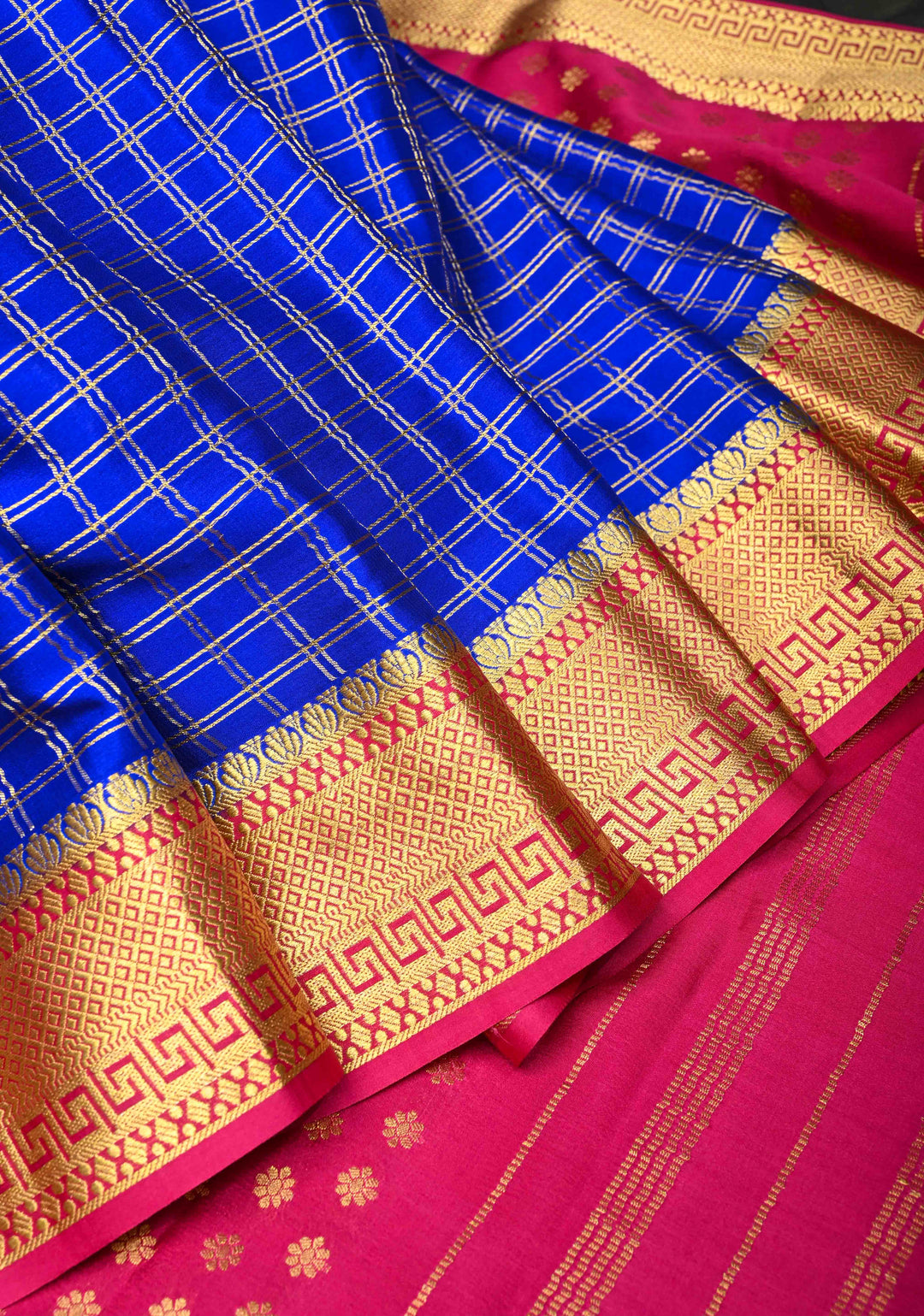 Blue Zari Checks Mysore silk Saree With Zari Border in KSIC Grade Thickness  | SILK MARK CERTIFIED