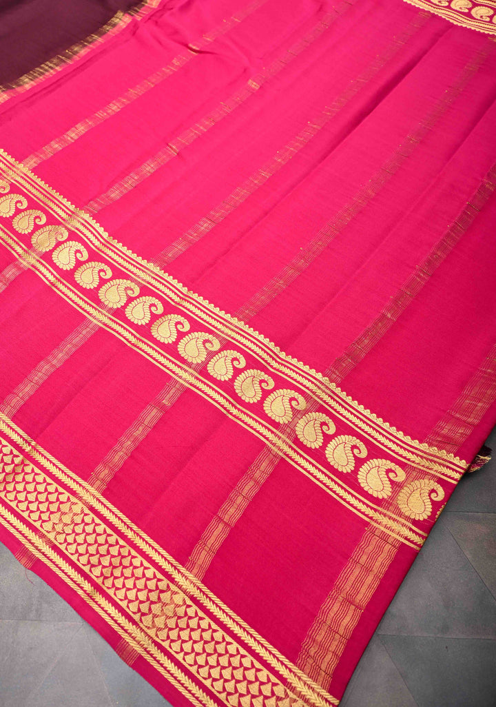 Purple and Pink Mysore silk Saree with Contrast Zari Border in KSIC Grade Thickness | SILK MARK CERTIFIED