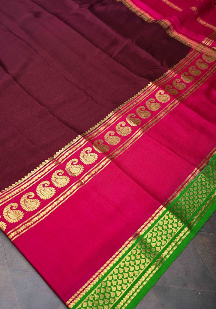 Purple and Pink Mysore silk Saree with Contrast Zari Border in KSIC Grade Thickness | SILK MARK CERTIFIED