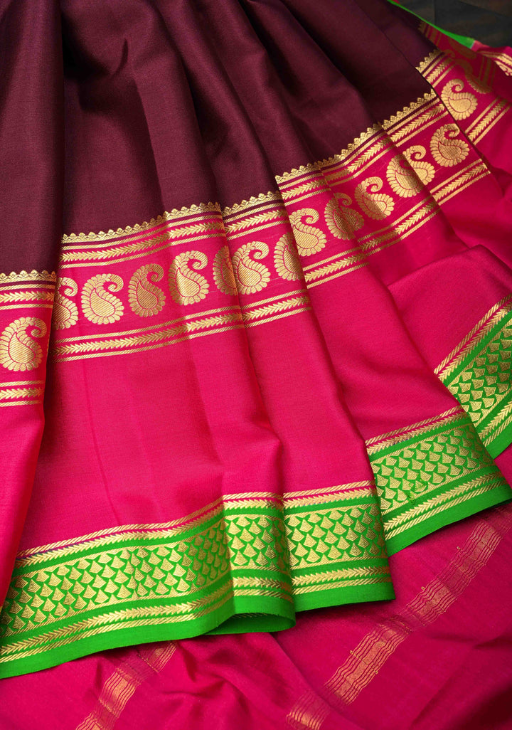 Purple and Pink Mysore silk Saree with Contrast Zari Border in KSIC Grade Thickness | SILK MARK CERTIFIED