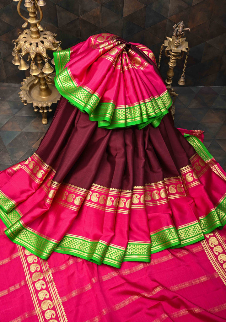 Purple and Pink Mysore silk Saree with Contrast Zari Border in KSIC Grade Thickness | SILK MARK CERTIFIED