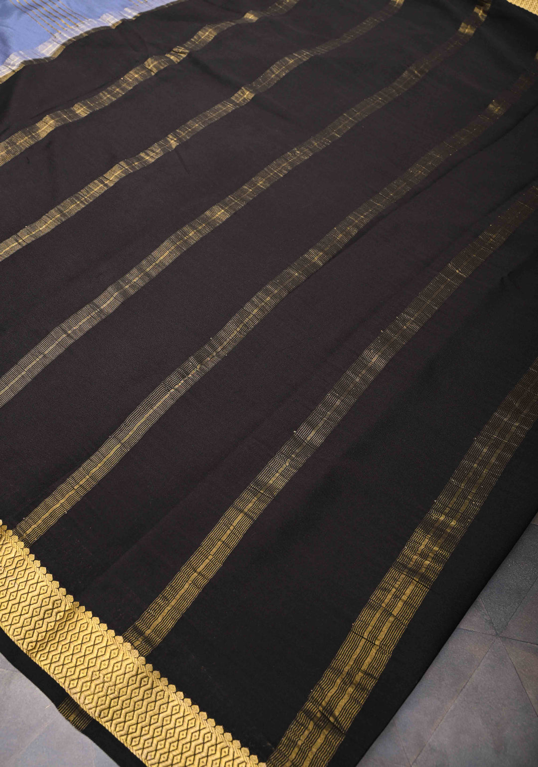 Mysore Silk Saree in Gray with Horizontal stripes and Panel Border in KSIC Grade Thickness | SILK MARK CERTIFIED | SHOBITAM