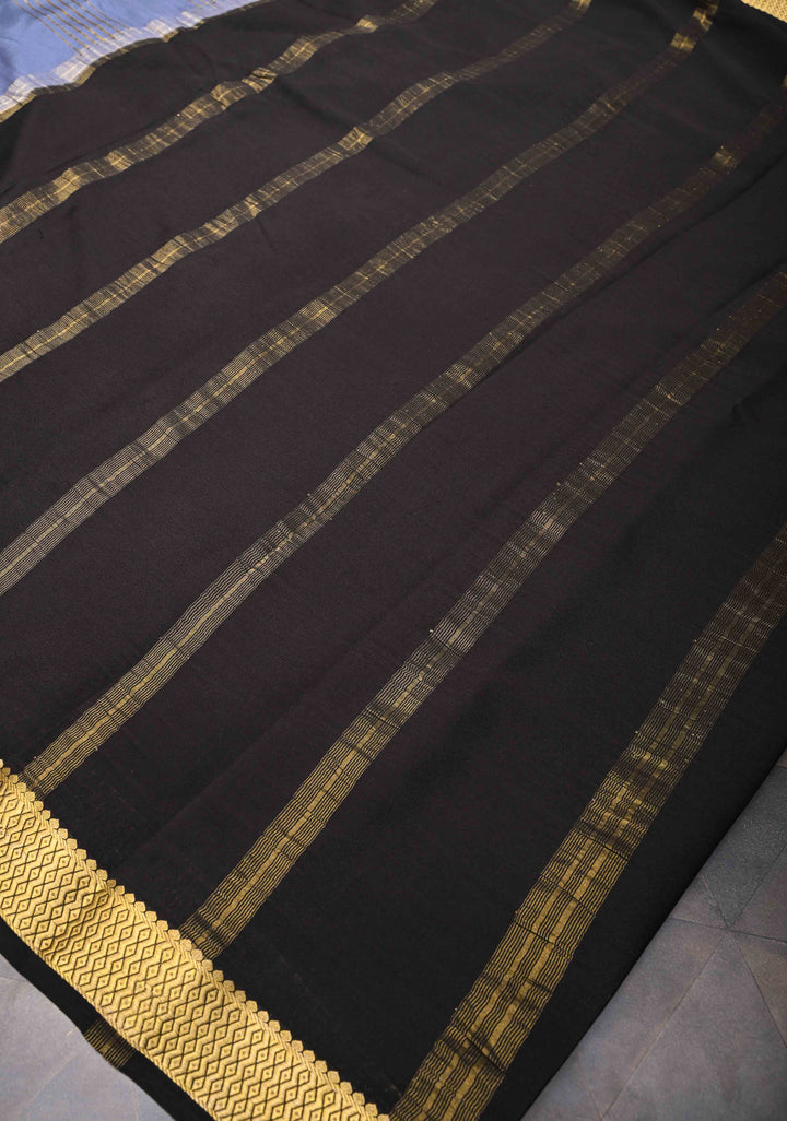 Mysore Silk Saree in Gray with Horizontal stripes and Panel Border in KSIC Grade Thickness | SILK MARK CERTIFIED | SHOBITAM