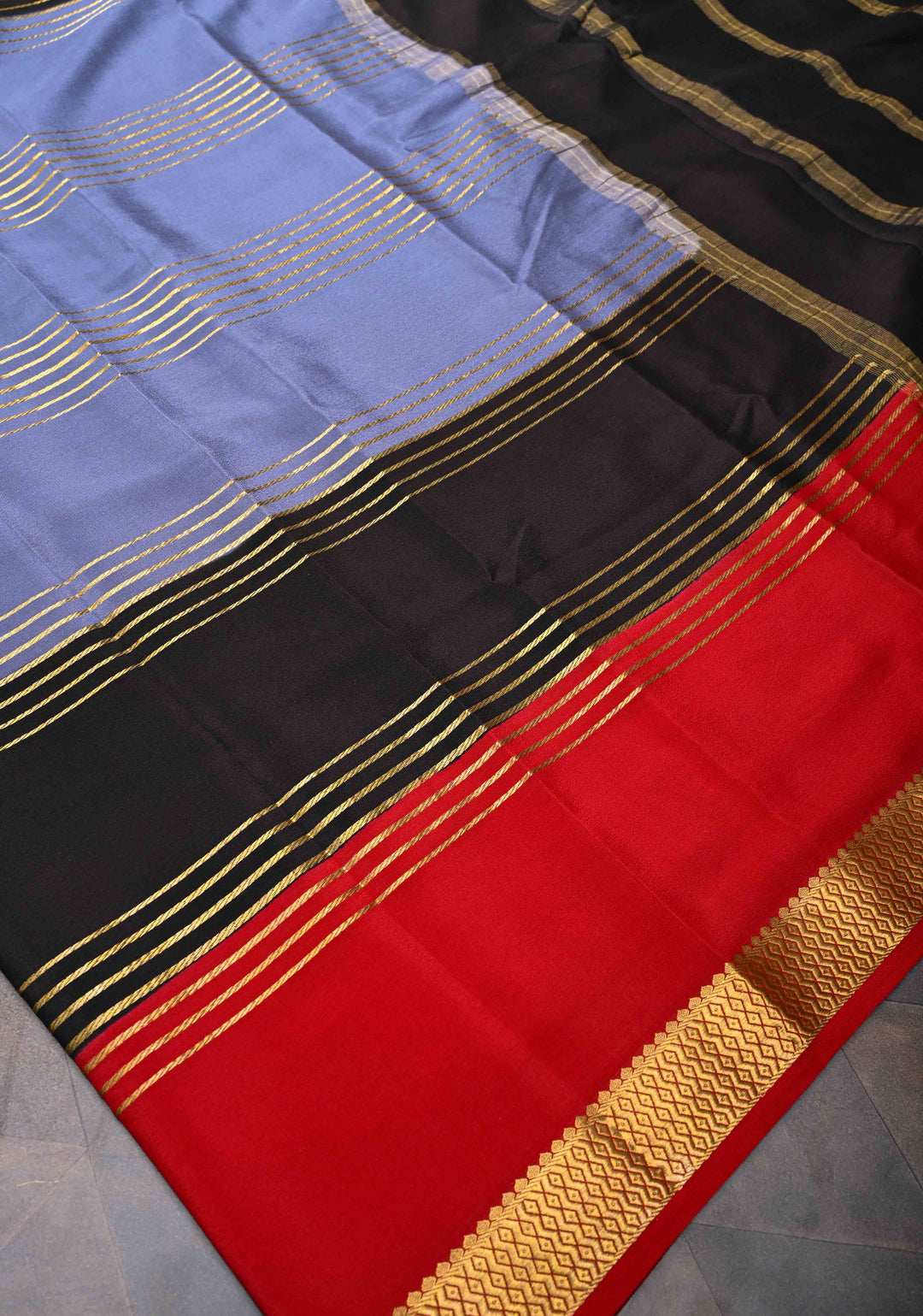 Mysore Silk Saree in Gray with Horizontal stripes and Panel Border in KSIC Grade Thickness | SILK MARK CERTIFIED | SHOBITAM
