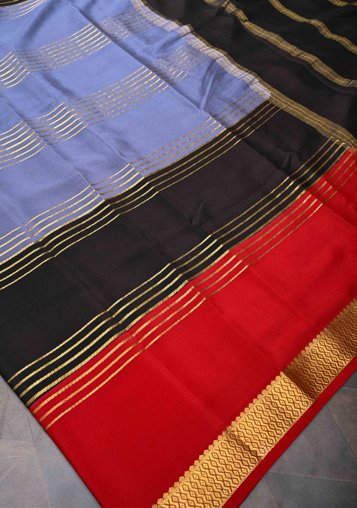 Mysore Silk Saree in Gray with Horizontal stripes and Panel Border in KSIC Grade Thickness | SILK MARK CERTIFIED | SHOBITAM