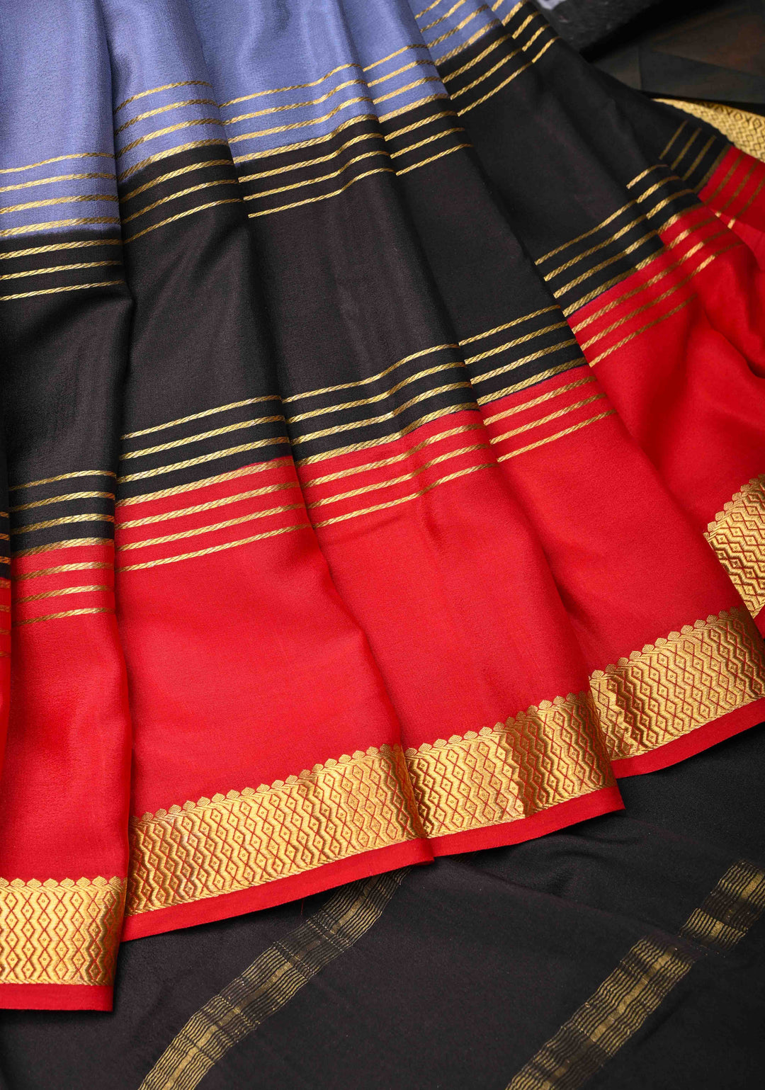 Mysore Silk Saree in Gray with Horizontal stripes and Panel Border in KSIC Grade Thickness | SILK MARK CERTIFIED | SHOBITAM