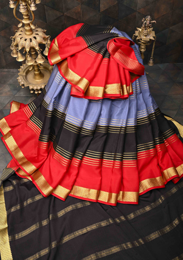 Mysore Silk Saree in Gray with Horizontal stripes and Panel Border in KSIC Grade Thickness | SILK MARK CERTIFIED | SHOBITAM