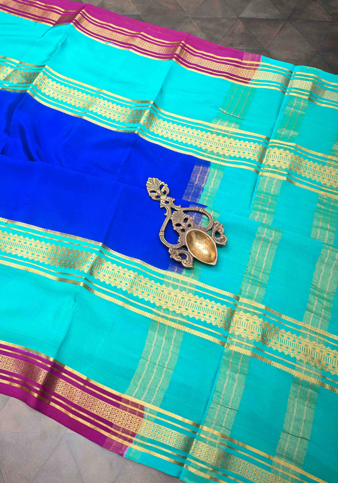 Royal Blue and Cyan Mysore silk Saree with Contrast Zari Border| SILK MARK CERTIFIED