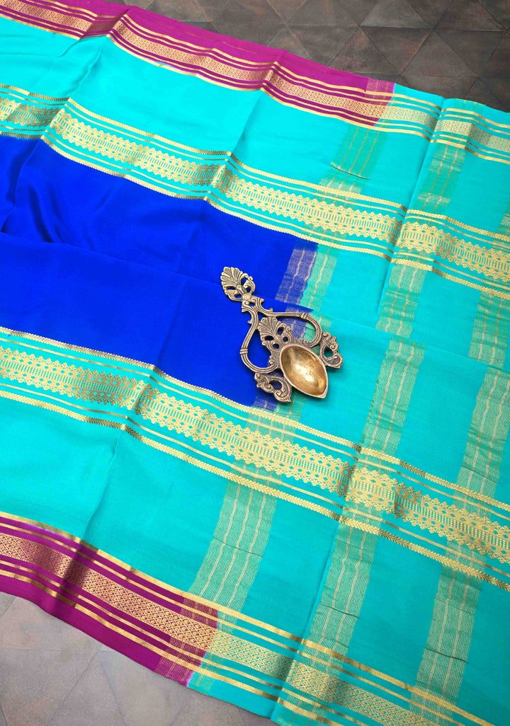 Royal Blue and Cyan Mysore silk Saree with Contrast Zari Border| SILK MARK CERTIFIED