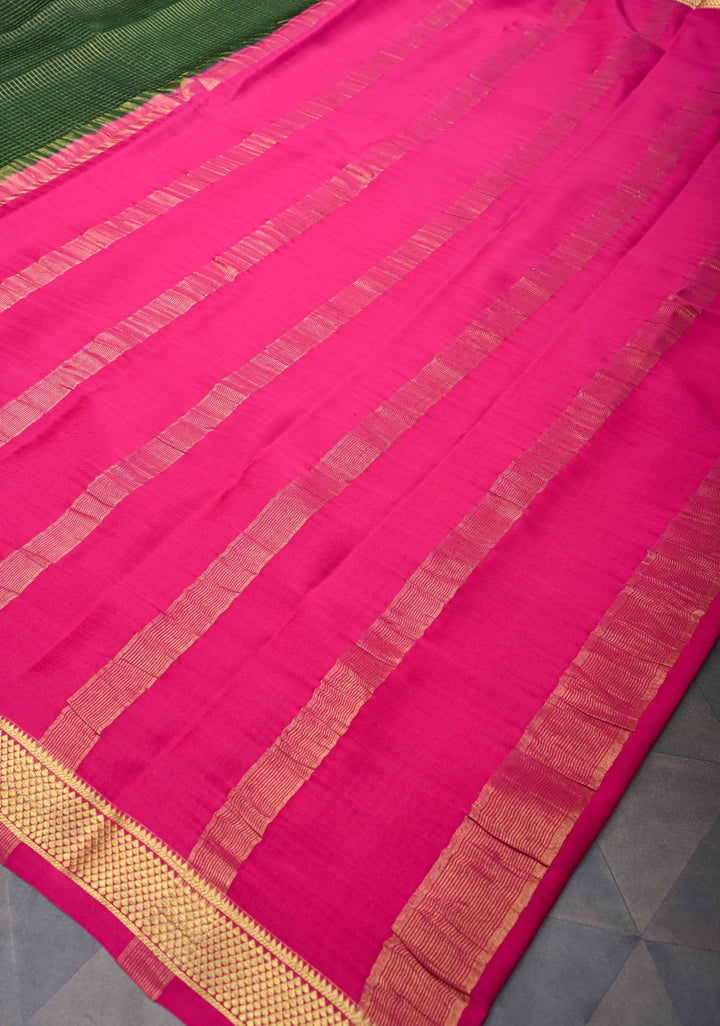 Dark Green Podi Kattam Zari Checks Mysore Silk Saree with Contrast Zari Border| SILK MARK CERTIFIED