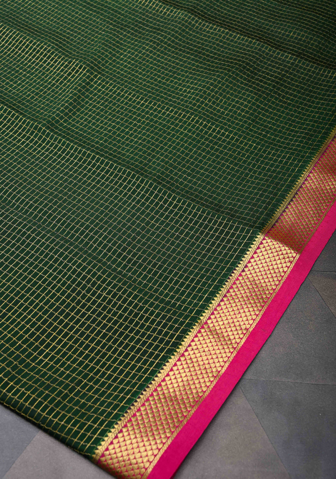 Dark Green Podi Kattam Zari Checks Mysore Silk Saree with Contrast Zari Border| SILK MARK CERTIFIED
