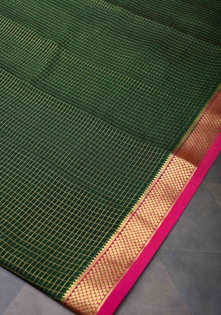 Dark Green Podi Kattam Zari Checks Mysore Silk Saree with Contrast Zari Border| SILK MARK CERTIFIED