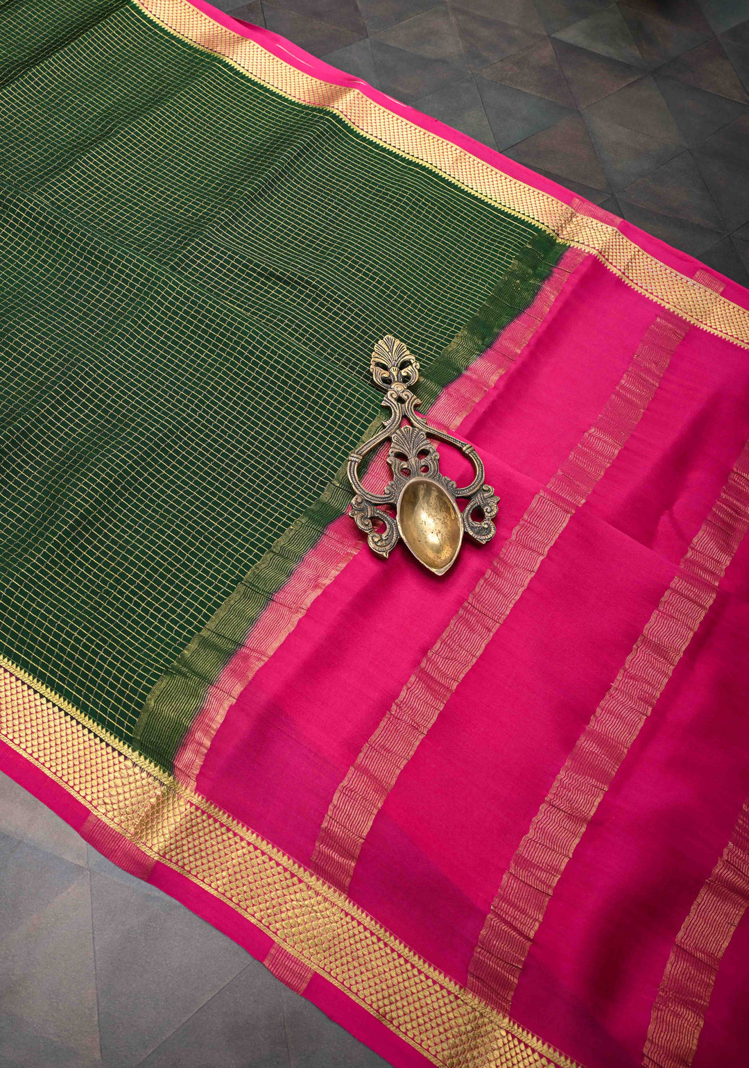 Dark Green Podi Kattam Zari Checks Mysore Silk Saree with Contrast Zari Border| SILK MARK CERTIFIED