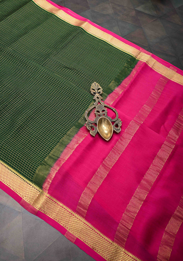 Dark Green Podi Kattam Zari Checks Mysore Silk Saree with Contrast Zari Border| SILK MARK CERTIFIED