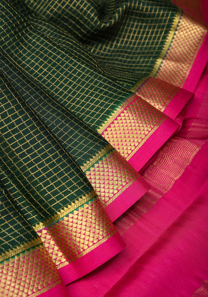 Dark Green Podi Kattam Zari Checks Mysore Silk Saree with Contrast Zari Border| SILK MARK CERTIFIED