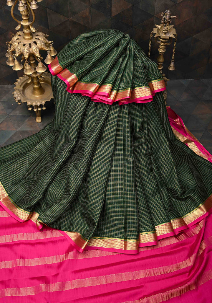 Dark Green Podi Kattam Zari Checks Mysore Silk Saree with Contrast Zari Border| SILK MARK CERTIFIED