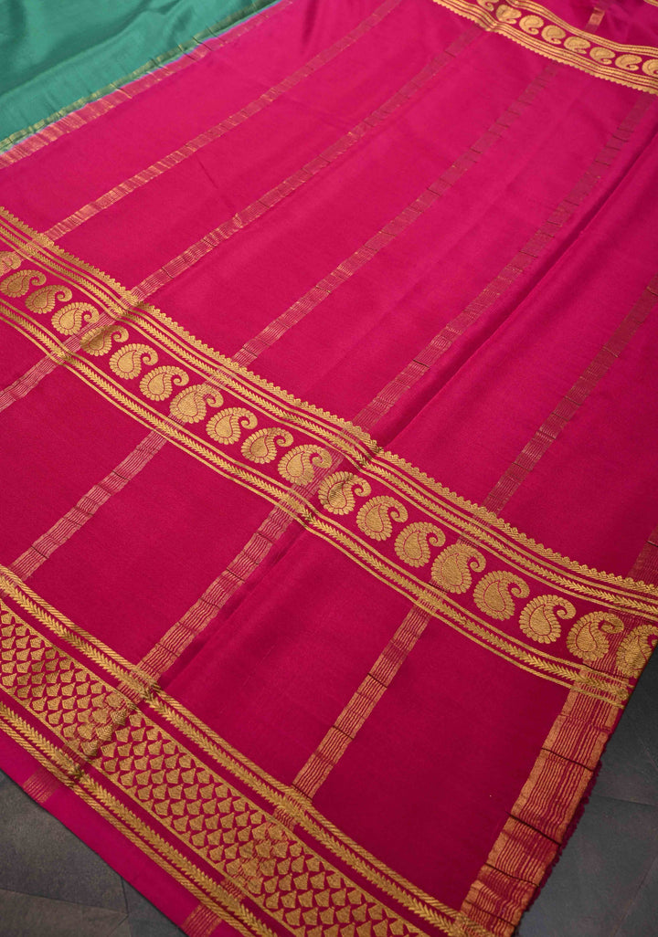 Greenish Cyan and Pink Mysore silk Saree with Contrast Zari Border in KSIC Grade Thickness | SILK MARK CERTIFIED