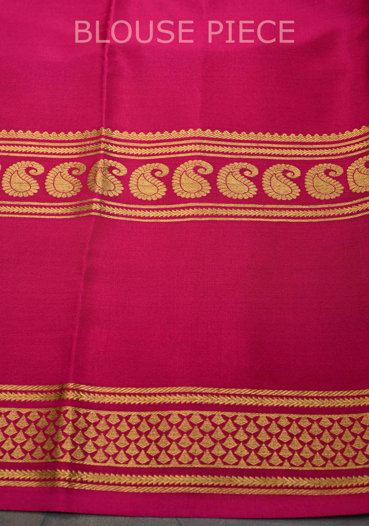 Greenish Cyan and Pink Mysore silk Saree with Contrast Zari Border in KSIC Grade Thickness | SILK MARK CERTIFIED