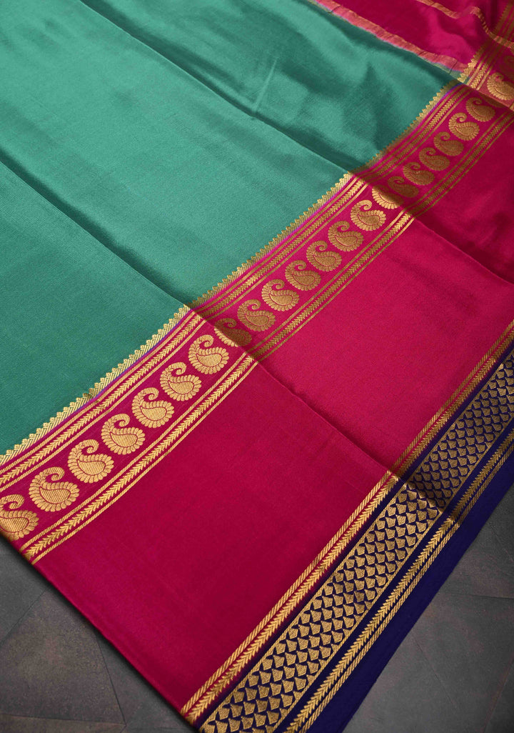 Greenish Cyan and Pink Mysore silk Saree with Contrast Zari Border in KSIC Grade Thickness | SILK MARK CERTIFIED