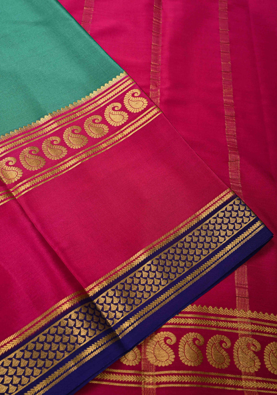Greenish Cyan and Pink Mysore silk Saree with Contrast Zari Border in KSIC Grade Thickness | SILK MARK CERTIFIED