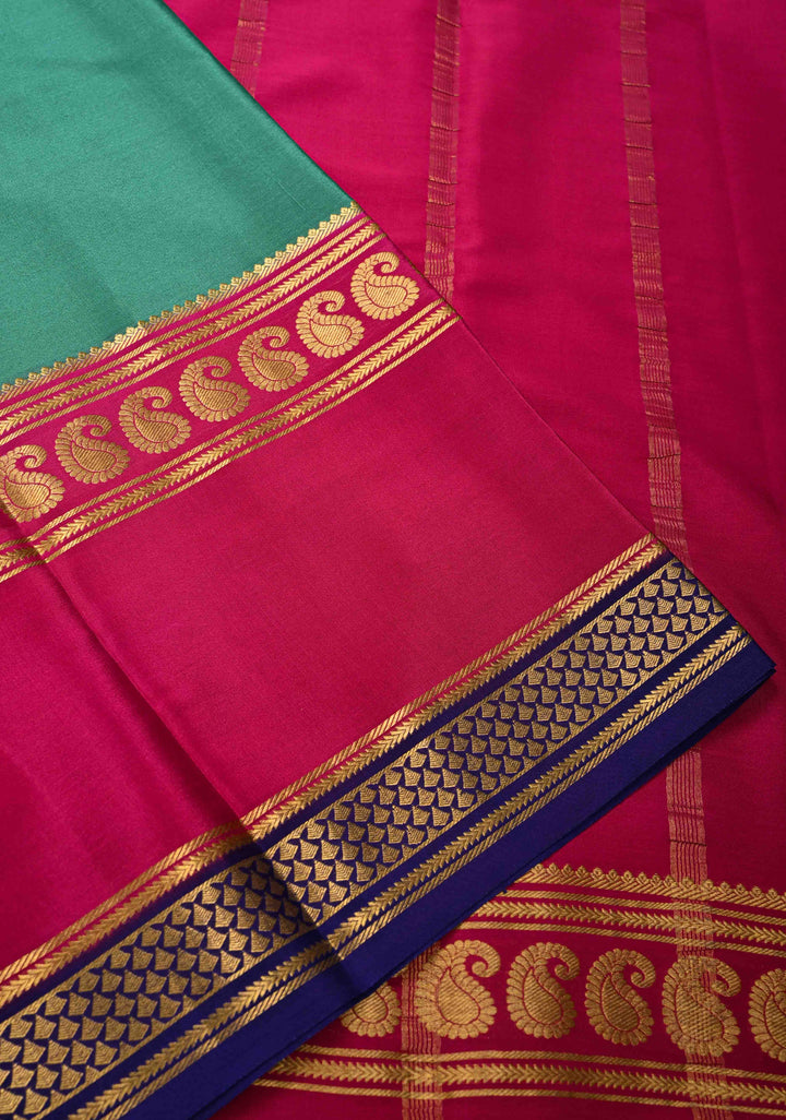 Greenish Cyan and Pink Mysore silk Saree with Contrast Zari Border in KSIC Grade Thickness | SILK MARK CERTIFIED