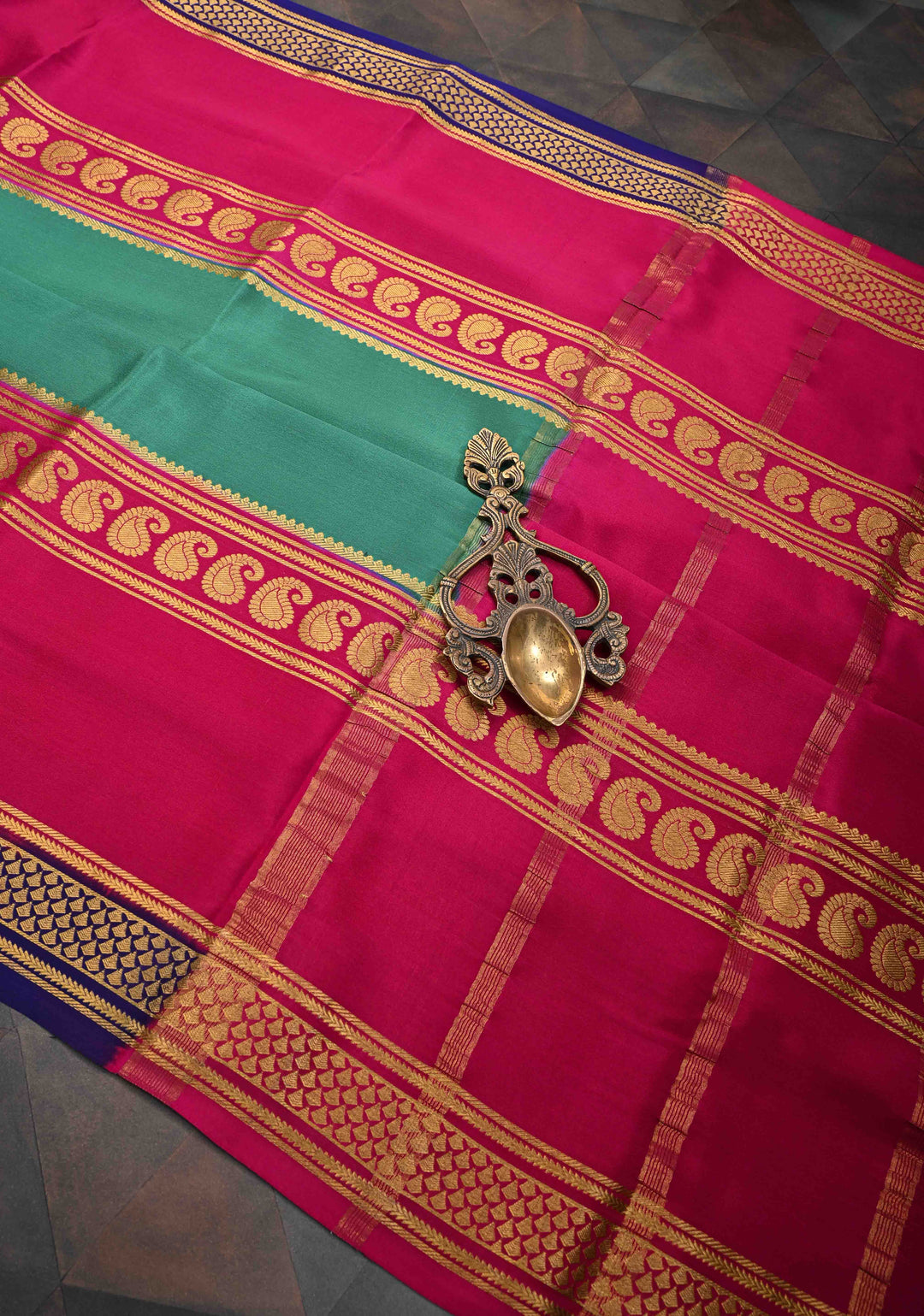 Greenish Cyan and Pink Mysore silk Saree with Contrast Zari Border in KSIC Grade Thickness | SILK MARK CERTIFIED