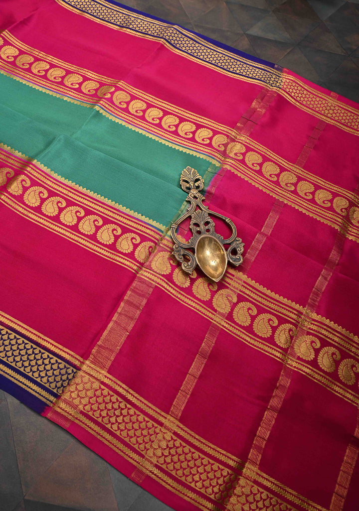 Greenish Cyan and Pink Mysore silk Saree with Contrast Zari Border in KSIC Grade Thickness | SILK MARK CERTIFIED