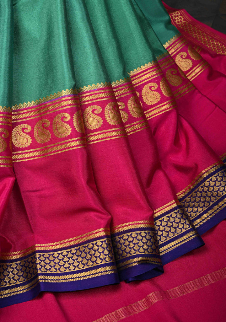 Greenish Cyan and Pink Mysore silk Saree with Contrast Zari Border in KSIC Grade Thickness | SILK MARK CERTIFIED