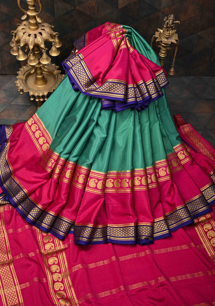Greenish Cyan and Pink Mysore silk Saree with Contrast Zari Border in KSIC Grade Thickness | SILK MARK CERTIFIED