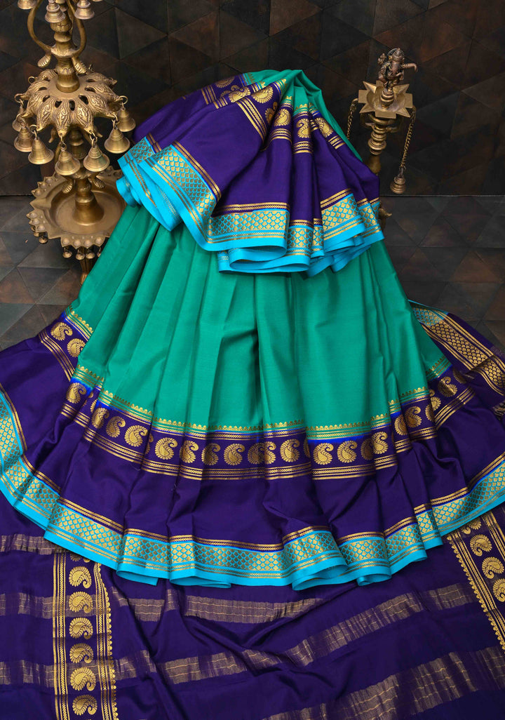 Persian Green and Blue Mysore silk Saree with Contrast Zari Border in KSIC Grade Thickness | SILK MARK CERTIFIED