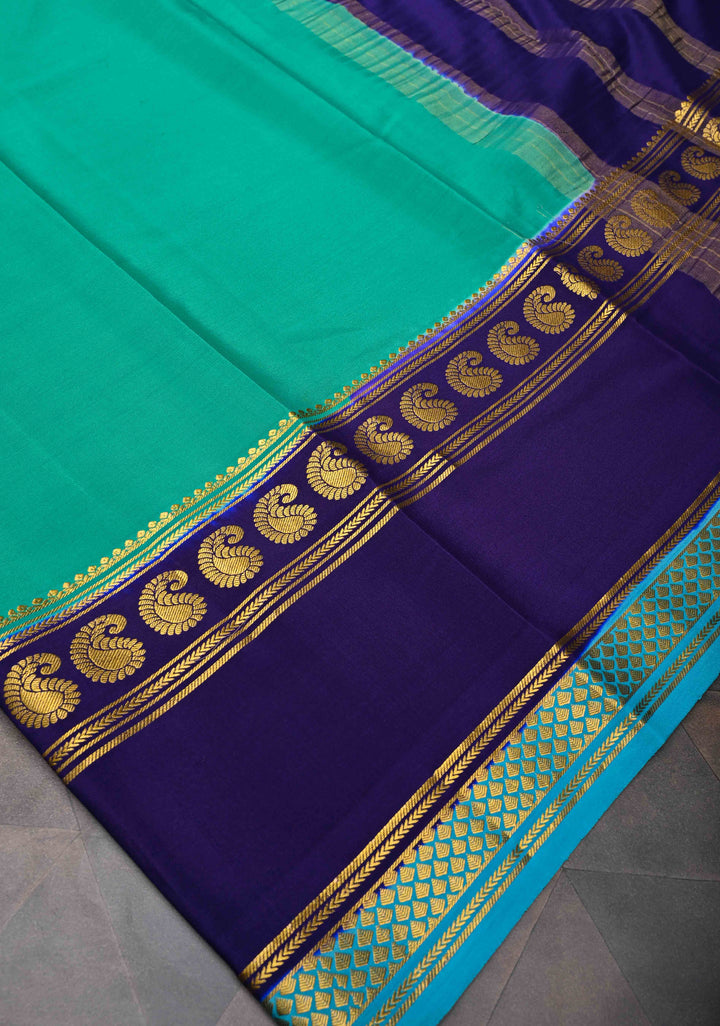 Persian Green and Blue Mysore silk Saree with Contrast Zari Border in KSIC Grade Thickness | SILK MARK CERTIFIED
