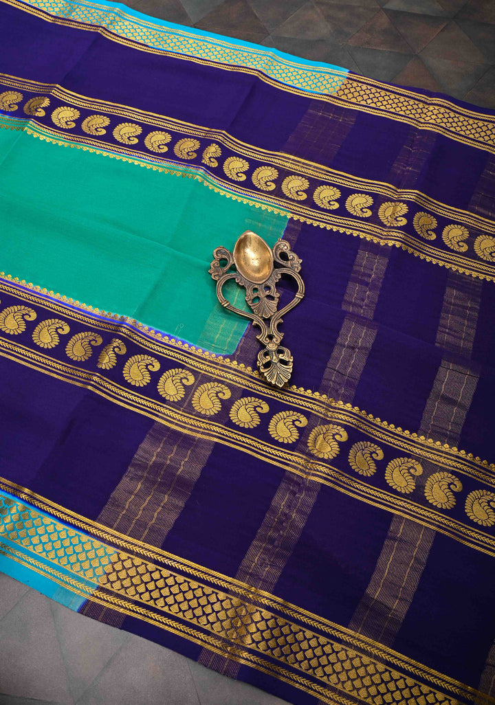 Persian Green and Blue Mysore silk Saree with Contrast Zari Border in KSIC Grade Thickness | SILK MARK CERTIFIED