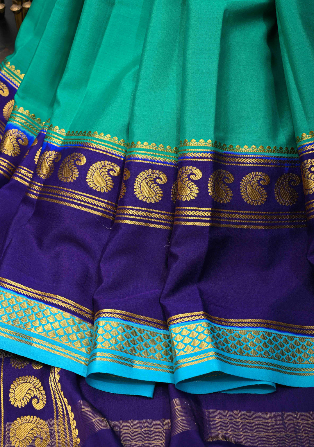 Persian Green and Blue Mysore silk Saree with Contrast Zari Border in KSIC Grade Thickness | SILK MARK CERTIFIED