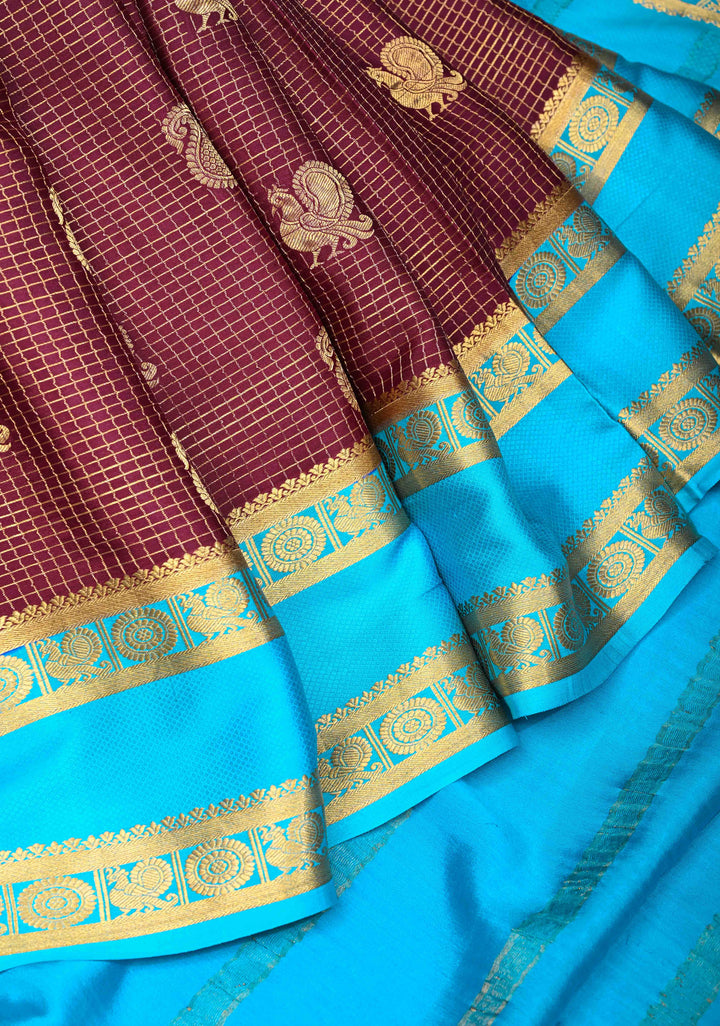 Wine Red Podi Kattam Zari Checks on Pure Mysore Silk saree Peacock And Paisley Motifs And Rettai Pattai Border  | SILK MARK CERTIFIED