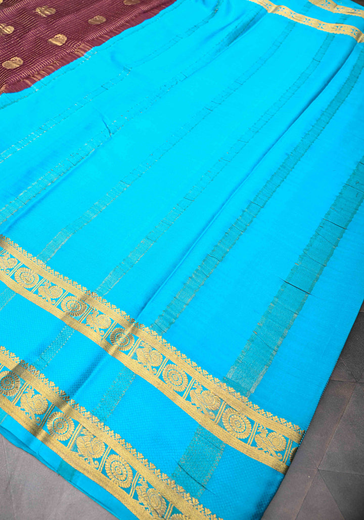 Wine Red Podi Kattam Zari Checks on Pure Mysore Silk saree Peacock And Paisley Motifs And Rettai Pattai Border  | SILK MARK CERTIFIED