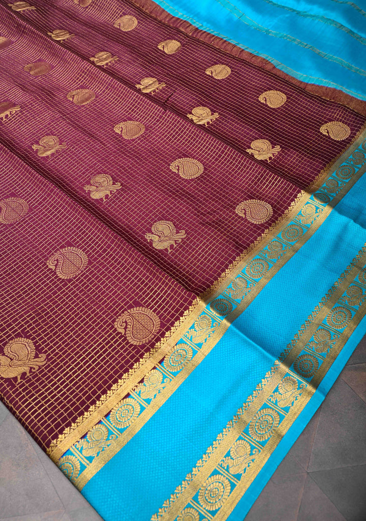 Wine Red Podi Kattam Zari Checks on Pure Mysore Silk saree Peacock And Paisley Motifs And Rettai Pattai Border  | SILK MARK CERTIFIED