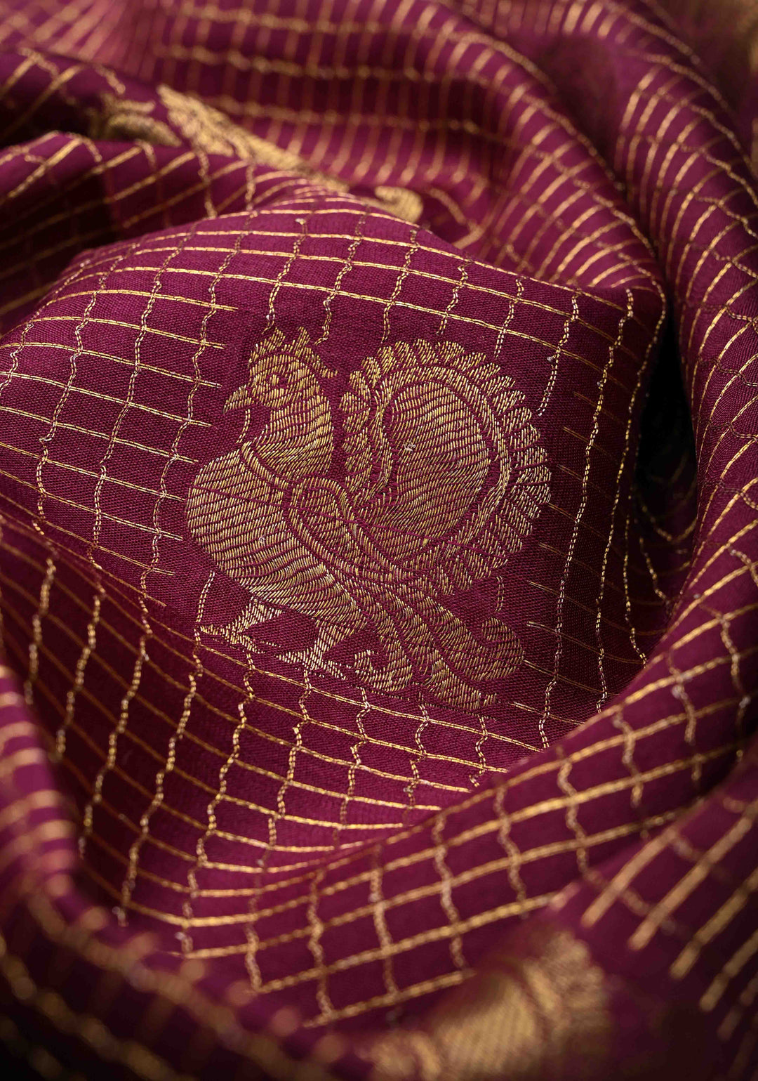 Wine Red Podi Kattam Zari Checks on Pure Mysore Silk saree Peacock And Paisley Motifs And Rettai Pattai Border  | SILK MARK CERTIFIED